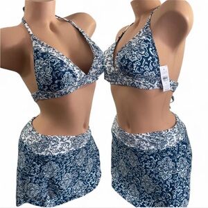 LOFT Swimsuit 2 Piece Navy and White Paisley Patterned Halter and Skirted Set